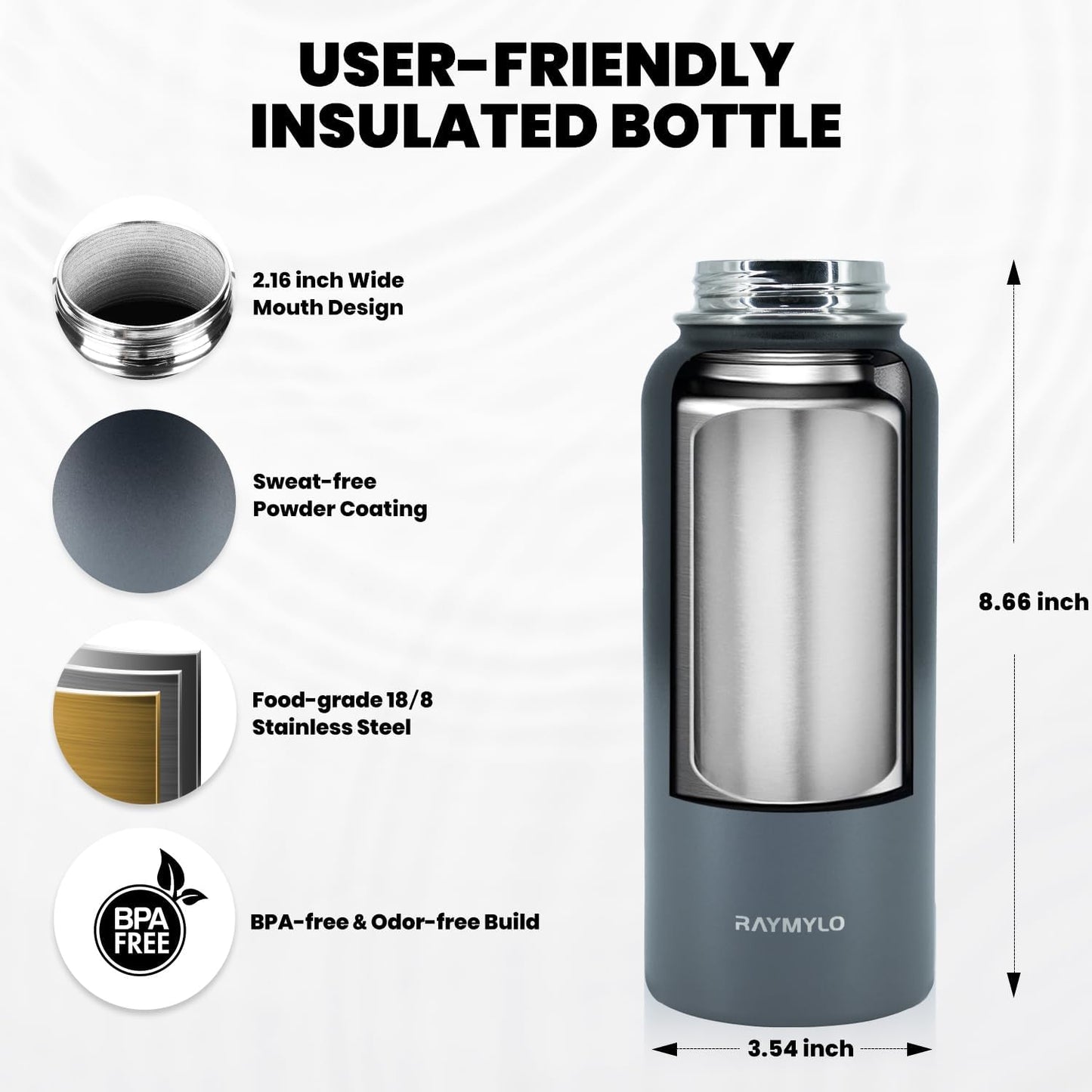 Insulated Water Bottle 32 oz, Triple Wall Vacuum Stainless Steel (Cold for 48 Hrs), Leak Proof & Non-BPA, Modern Water Flask Jug with Paracord Handle & Straw Spout Lids, Dark Grey
