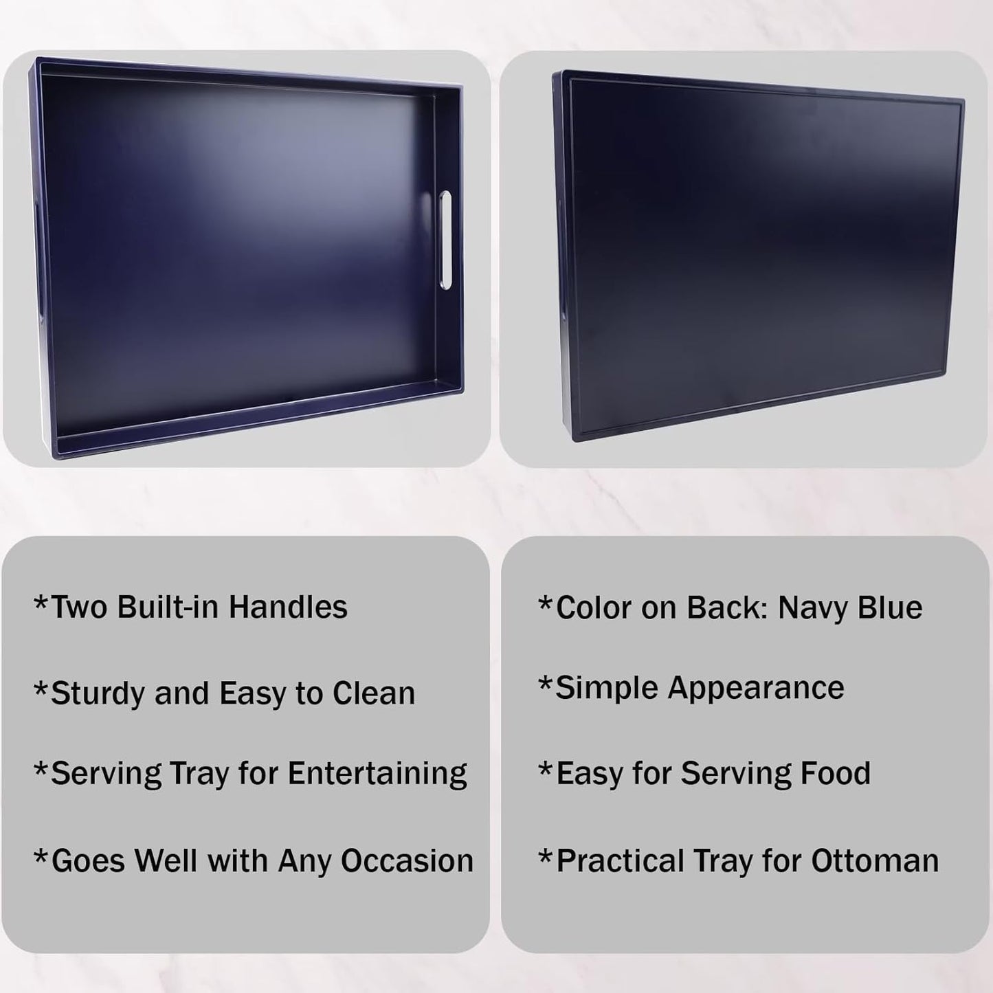 Navy Blue Serving Tray for Coffee Table, Rectangular Plastic Decorative Tray with Handles for Entertaining, Outdoor Patio, Living Room, Ottoman, Bathroom Counter, 11.8”*15.7”*1.6”