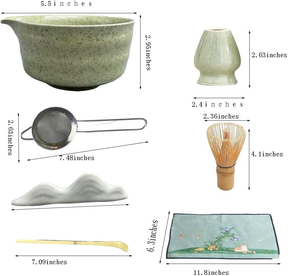 matcha whisk set,matcha set, including matcha bowl, matcha whisk and stand, sieve, spoon, cloth mat, gift for matcha lovers (Green)