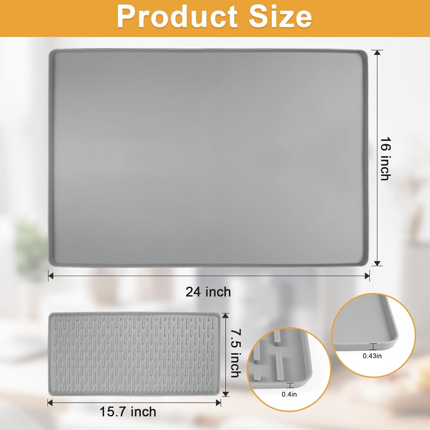 Silicone Coffee mat 24''x16'' – Non-Slip Bar Mat with Detachable Drying Layer for Espresso Machines, Countertops & Dish Racks-Gray