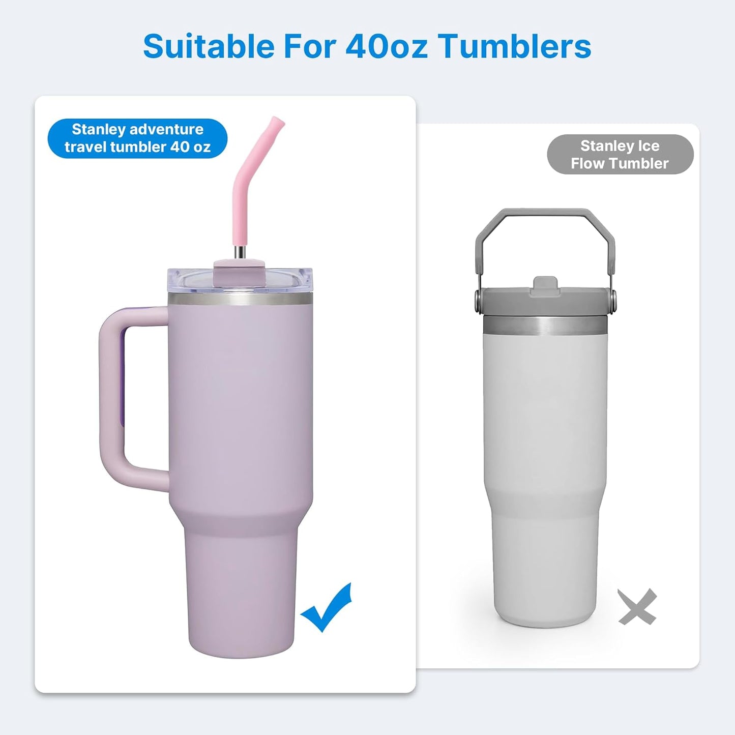 Metal Straw with Silicone Tip for 40oz Stanley Cup, 2 Pcs Stainless Steel Straws Replacement for Stanley 40 oz Adventure Quencher Travel Tumbler Cup, 1 Straw Brush (Mallow Purple)