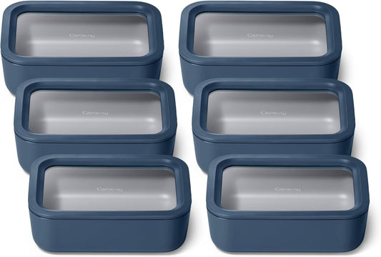 Caraway 6pc Glass Food Storage Set – 6.6 Cup Food Containers (6) - Ceramic Coated - Non Toxic, Non Stick with Lids - Microwave Safe - Navy