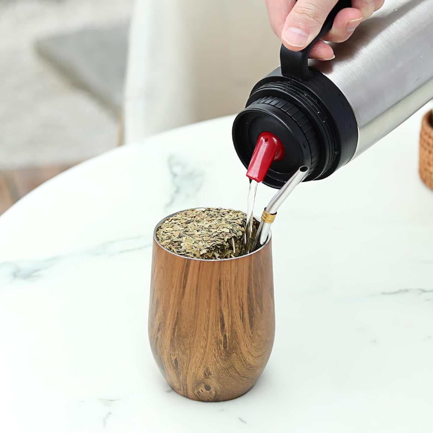 Yerba Mate Cup with Lid, 2 Bombillas, Cleaning Brush, 11.8oz Stainless Steel Double-Wall Insulated Gourd (Wood)