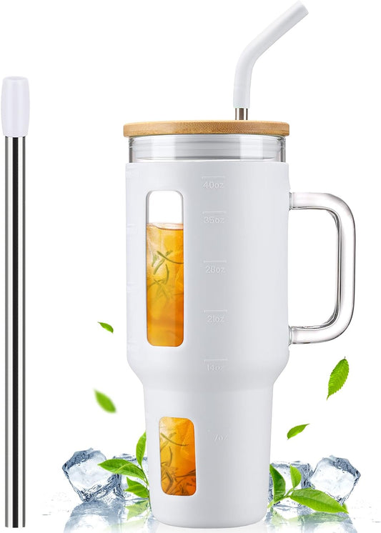 Kodrine 40 oz Glass Tumbler with Handle, Iced Coffee Tumbler with Straw and Bamboo Lid, Glass Drinking Cup with Silicone Sleeve Time Marker, Water Bottle Dishwasher Safe, Cup Holder Friendly, White