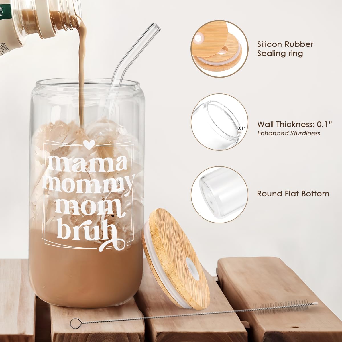 SANDJEST Mother Glass Can, Mama Mommy Mom Bruh Cup with Lid & Straw, Iced Coffee Aesthetic Cups, Idea Gift for Christmas Birthday Mother Day, Gifts for Women, 16oz