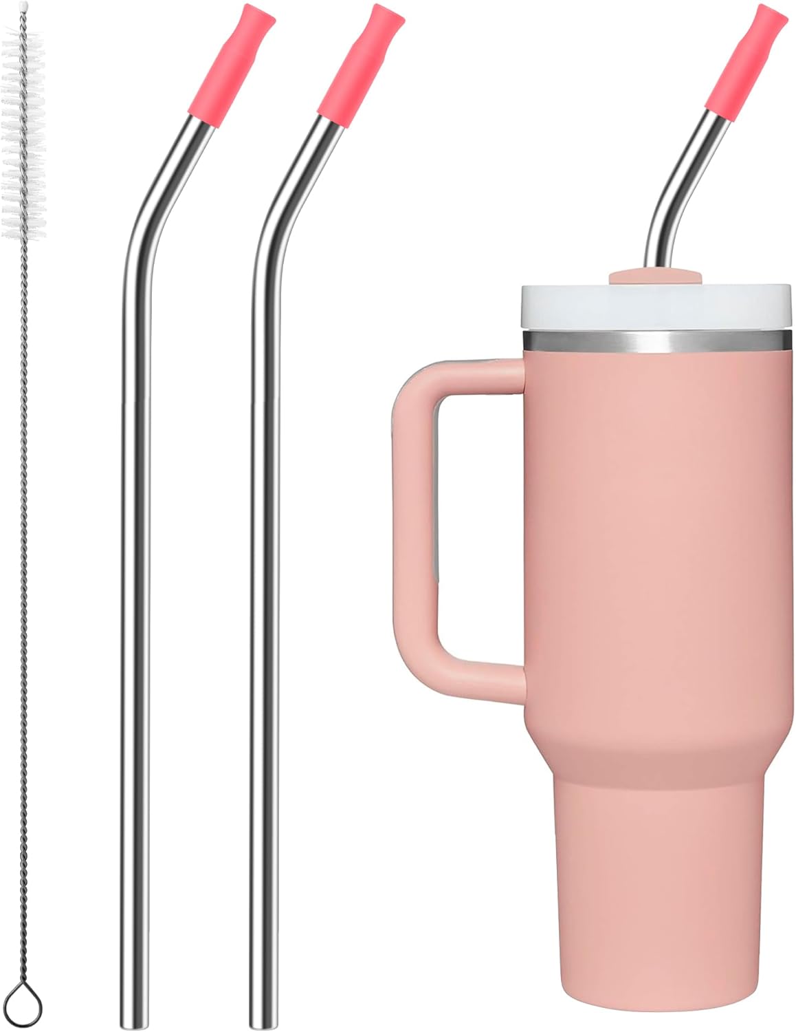 2 Pcs Stainless Steel Straw with Silicone Tips for 30 oz Stanley Tumbler, Repeatable 30 oz Metal Straws for Stanley Adventure Quencher Travel Tumbler Cup, BPA Free（Pink Dusk）