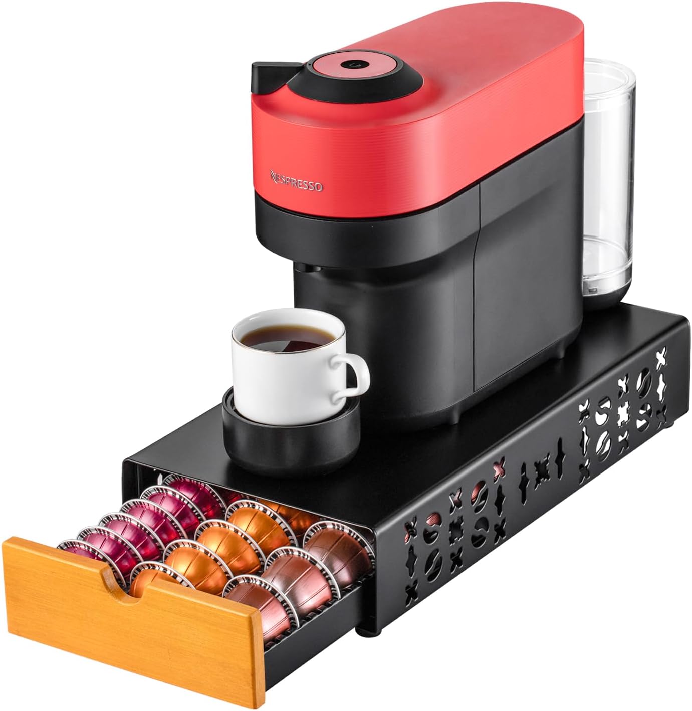 Flagship Coffee Pod Holder for Nespresso Vertuo Pod Organizer Fits All Vetuo Pods Black Metal With Wood Handle