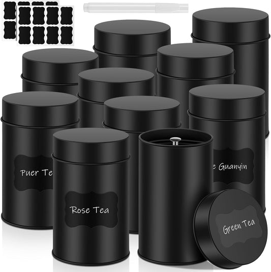 Tanlade 10 Pcs Tea Tin Canister Metal Round Can with Airtight Lid Double Sealed Tea Tin Canisters, with 1 Erasable Chalk Marker and 16 Stickers for Loose Leaf Coffee Sugar, 16 oz