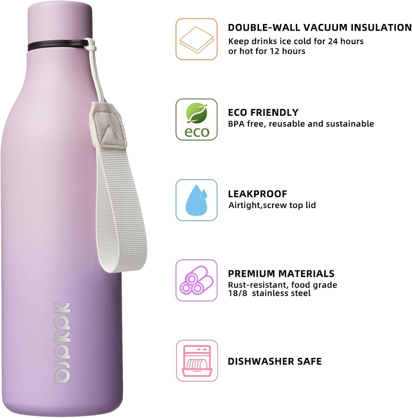 BJPKPK Insulated Water Bottles, 25 oz Stainless Steel Metal Water Bottle with Strap, BPA Free Leak Proof Thermos, Mugs, Flasks, Reusable Water Bottle for Sports & Travel, Dreamy Purple