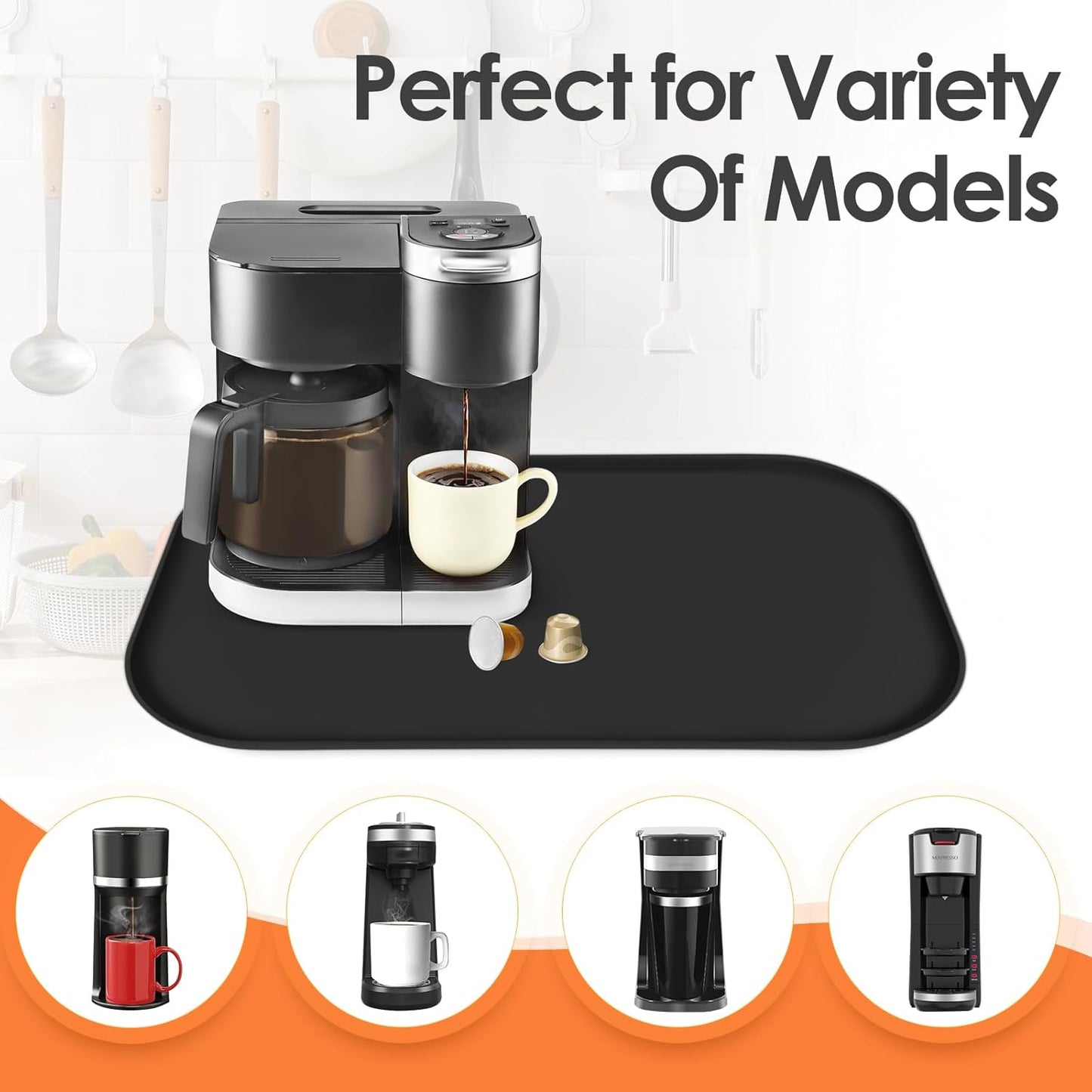 TOHONFOO Silicone Coffee Maker Mat with Lip, 24'' x 16'' Heavy Duty Coffee Maker Mat for Countertops, Coffee Tray Fit Under Coffee Machine Appliance Automatic Machines Espresso Accessory, Black