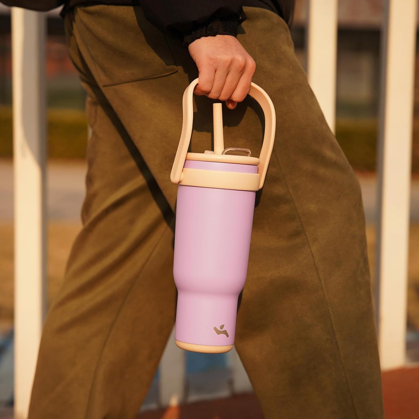 30 oz Tumbler with Side Handle, Insulated Water Bottle with Straw and 2 in 1 Lid, Stainless Steel Cup Travel Coffee Mug for Sports Office Gym,Cream