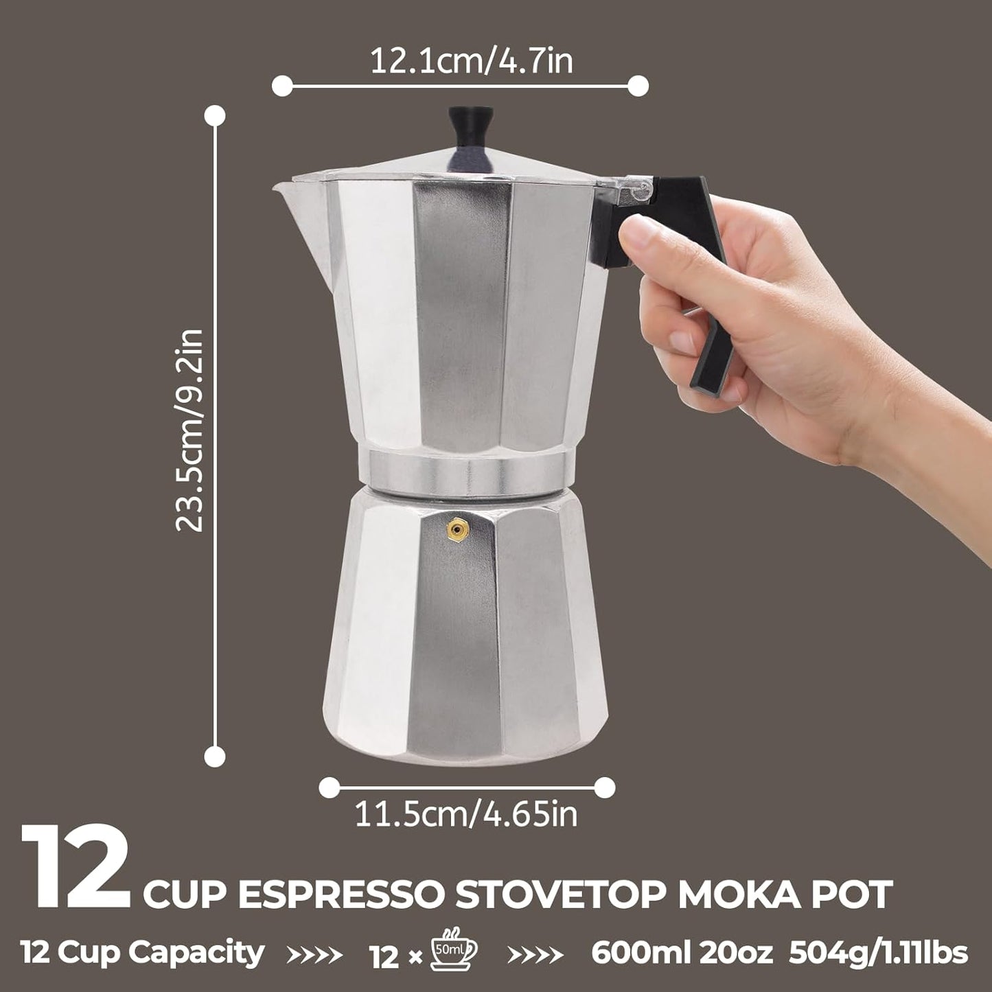 Aluminum 12 Cup 600ml Moka Pot Express Coffee Maker Stovetop Espresso Percolator Coffeemaker Italian Classic Style Brewing Greca Cafe Mocha Machine for Cafeteras Lover Camping Travel and Home Use 20oz