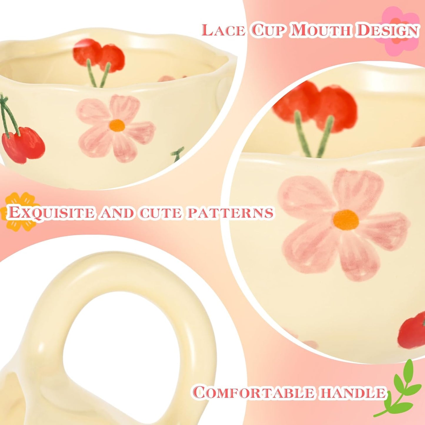 Ceramic Coffee Mug Vintage Flower Mugs 8 oz Cute Floral Coffee Mugs Irregular Latte Art Cup Lead-free Porcelain Cups for Cappuccino, Cocoa (2 Pcs Pink Cherry)