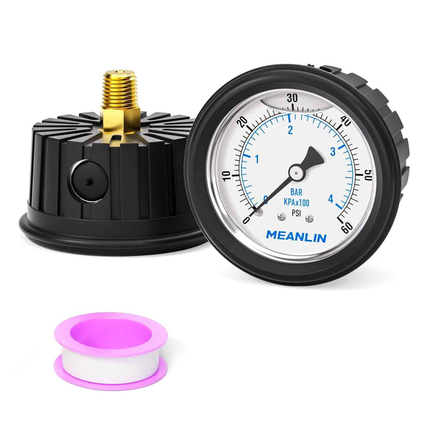 MEANLIN MEASURE 0~60Psi Stainless Steel Liquid Filled Pressure Gauge 1/4" NPT 2.5" FACE DIAL with Rubber Protective Sleeve, Center Back Mount