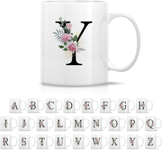 Retreez Initial A-Z Floral Botanical Bouquet Alphabet Monogrammed Monogram Mug 11 Oz Ceramic Tea Coffee Mugs - Appreciation Thank You Wedding Birthday Gifts for her friend coworker sister - Y Initial