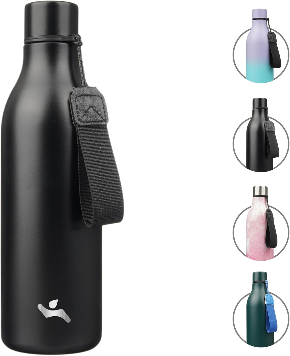 Insulated Water Bottle with Strap,25 oz Double Wall Stainless Steel Vacuum Bottles Metal Water Flask,Black