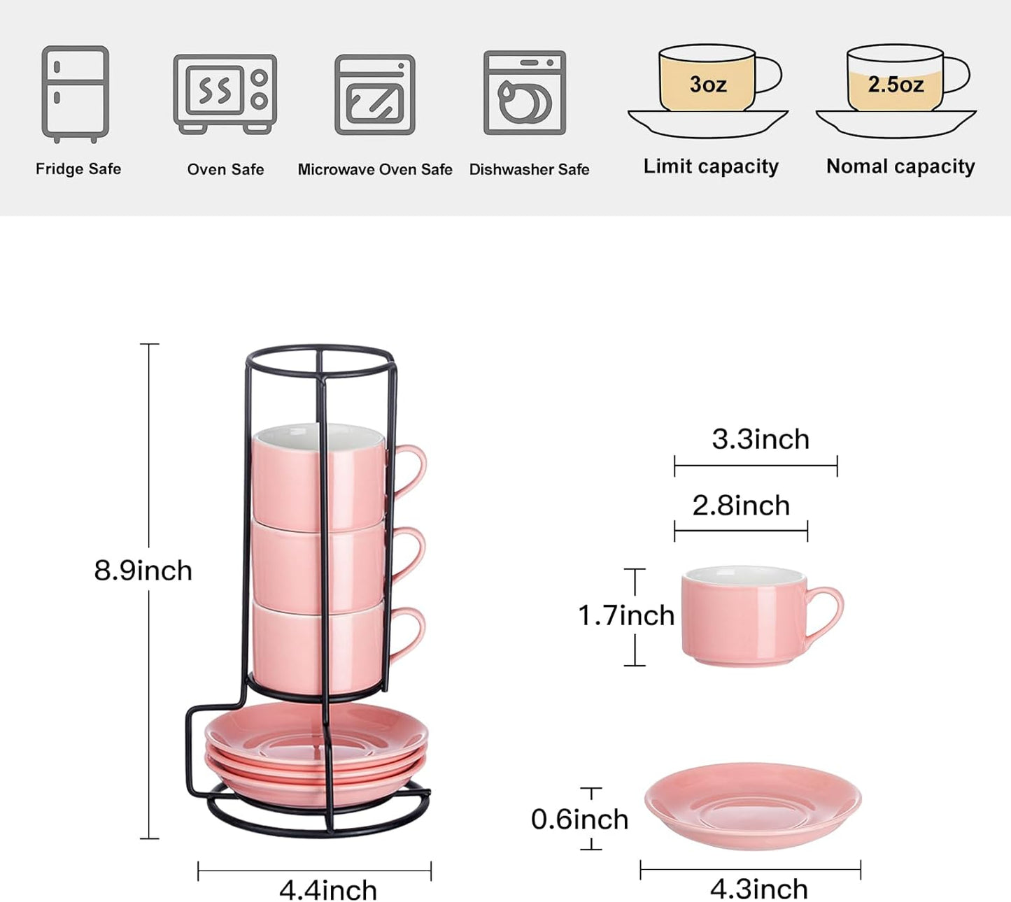 2.5oz Porcelain Stackable Espresso Cups with Saucers and Metal Stand Set of 4, Stackable Cappuccino Cups, Pink Expresso Shots Cup Set for Coffee Drinks, Latte, Tea