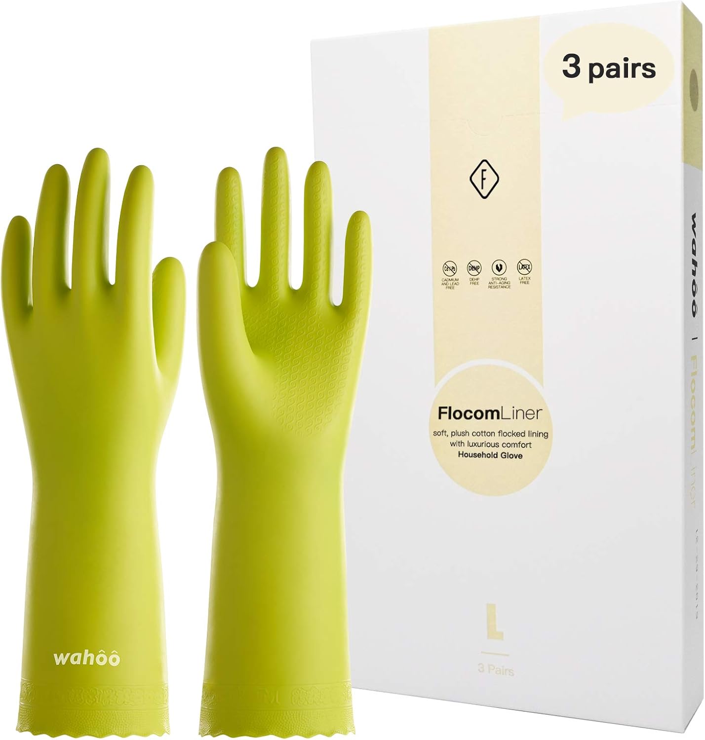 LANON 3 Pairs wahoo Skin-Friendly Cleaning Gloves, Dishwashing Kitchen Gloves with Cotton Flocked Liner, Reusable, Non-Slip, Bud Tender, Small