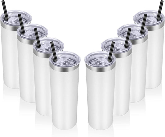 VEGOND Stainless Steel Tumblers Bulk 8 Pack, 20 oz Vacuum Insulated Skinny Tumblers with Lid and Straw, Double Wall Coffee Mug, Travel Water Cup, White