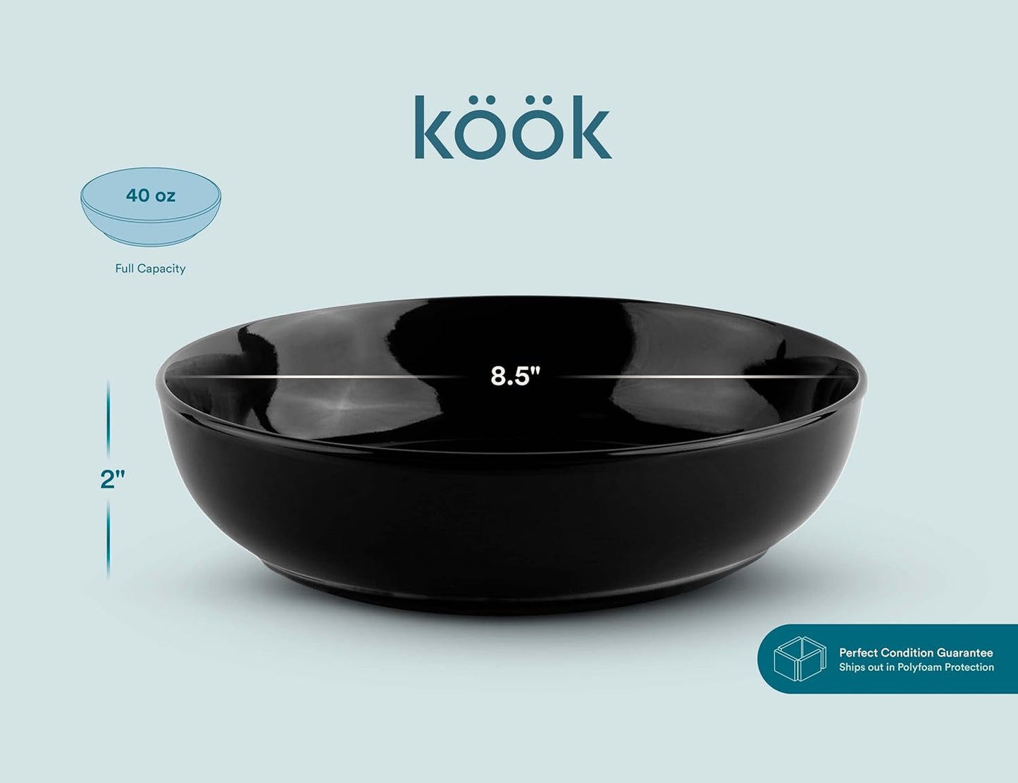 KooK Pasta Bowl, Salad Bowls, Soup, Serving Bowls, Ceramic, Large Capacity, Microwave & Dishwasher Safe, Set of 4, 40 Oz,(Black)