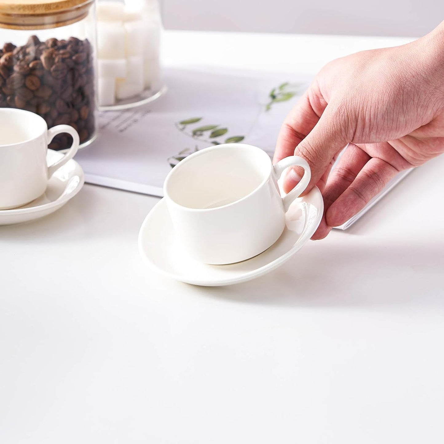 2.5oz Porcelain Stackable Espresso Cups with Saucers and Metal Stand Set of 4, Stackable Cappuccino Cups, White Expresso Shots Cup Set for Coffee Drinks, Latte, Tea