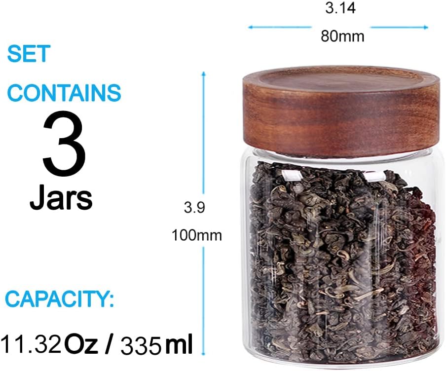 SAIOOL 3 Packs Glass Food Storage Jars with Screw Airtight Seal Acacia Wood Lids,Spice Jars with Lids, Organization for Jars Bottles Containers Travel Gear, Sugar, Salt,Coffee, cookies,spices