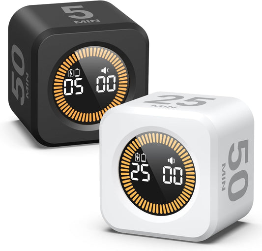 KADAMS Pomodoro Cube Timer Productivity Visual Timer - 5/10/25/50 Min Rotating Countdown (Black + White)