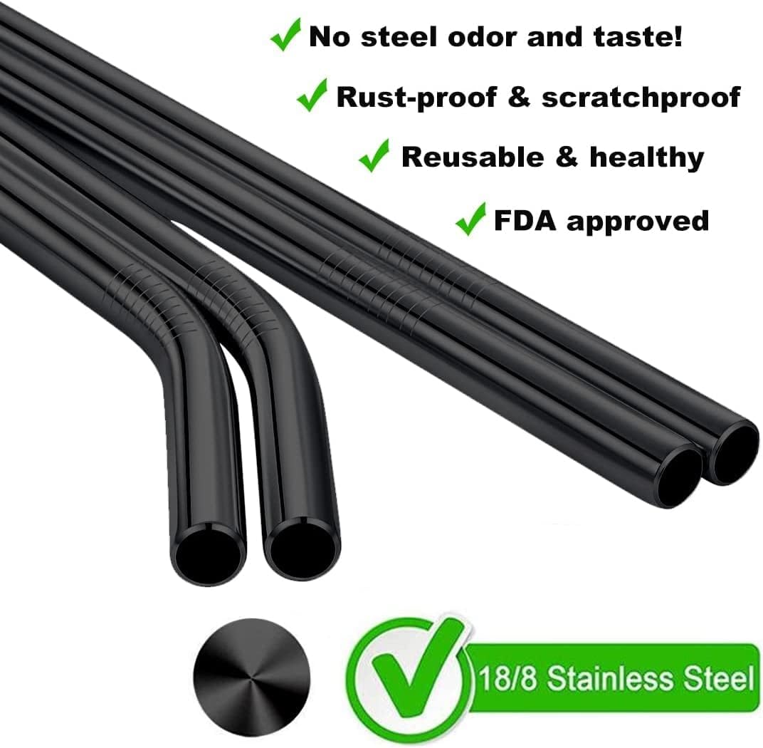 Vinaco Reusable Smoothie Straws & Milkshake Straws 0.4" Wide Mouth Straw, Set of 6 Stainless Steel Straws 8.5"&10.5" with 1 Long Straw Cleaner Brush，Black Metal Straws for Jumbo Thicker Drinks