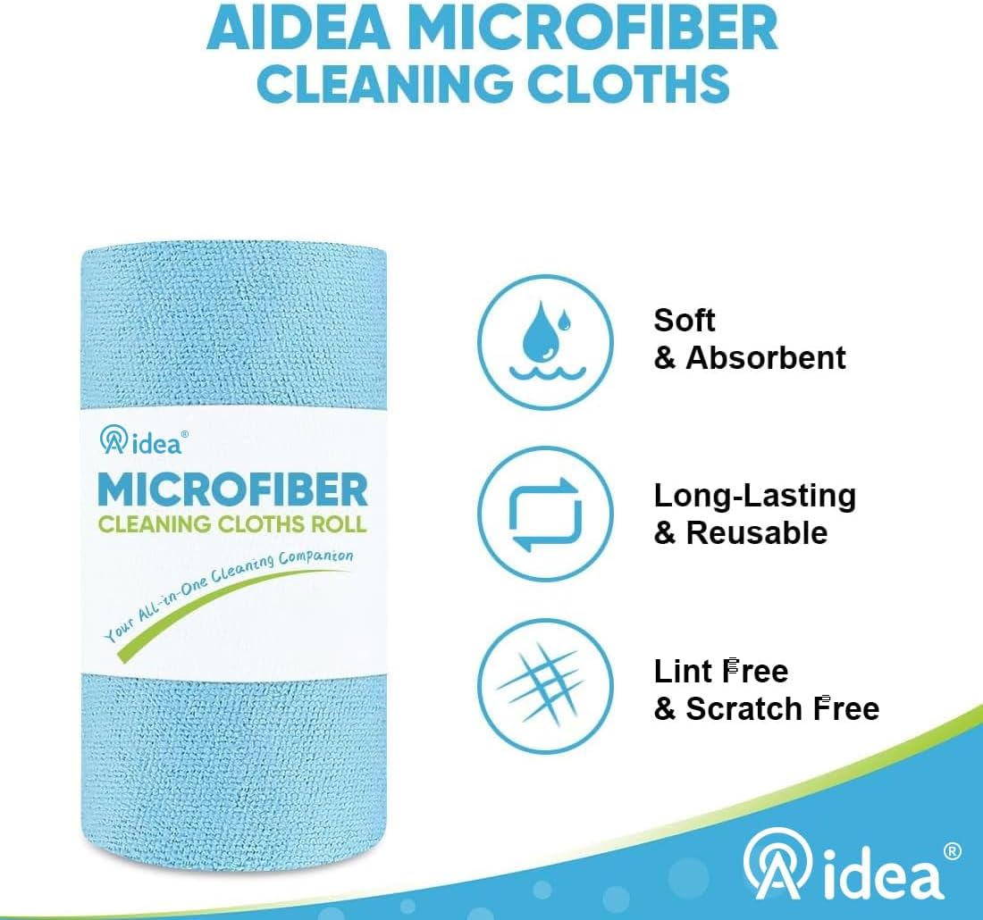 AIDEA Microfiber Cleaning Cloth Roll, 50PK, Blue Shop Towels Reusable Tear Away Paper Towels, Washable Shop Rags, Microfiber Towels for Cars, Lint Free Rags for House, Mechanic, Workshops, 11.5"×11.5"