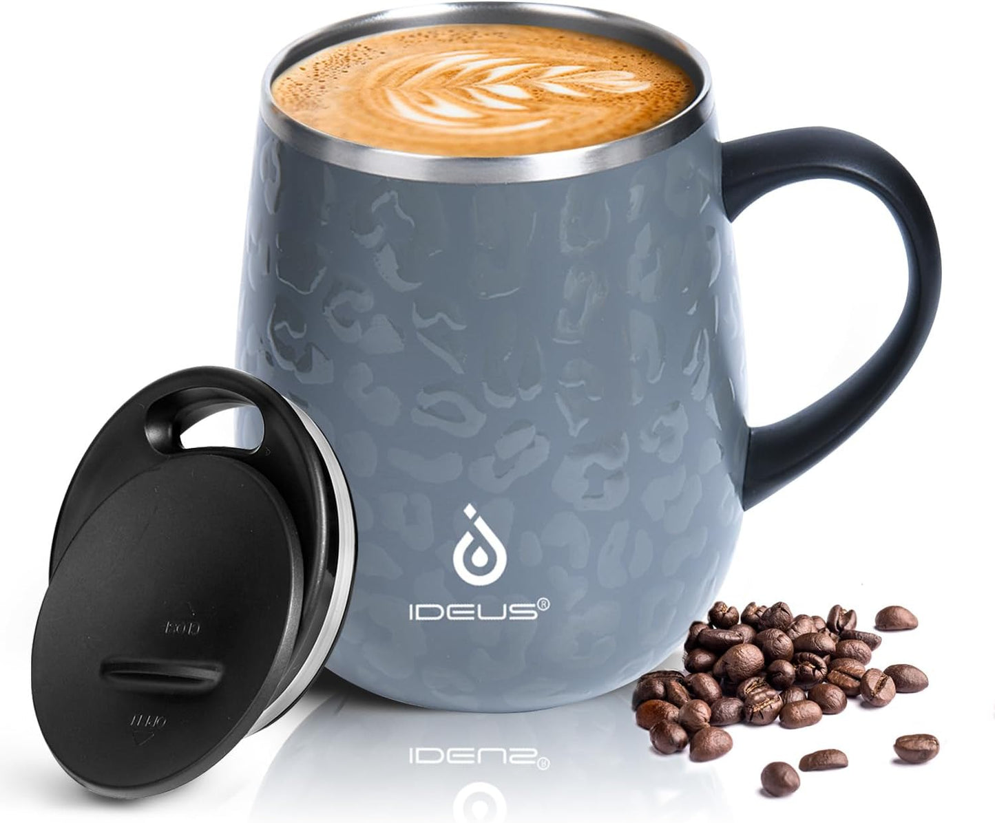 Ideus 16 oz Insulated Coffee Mug with Handle and Lid, Double Wall Stainless Steel Vacuum Thermal Coffee Mug, Travel Coffee Cup Thermal Cup for Home and Office, Leopard Gray