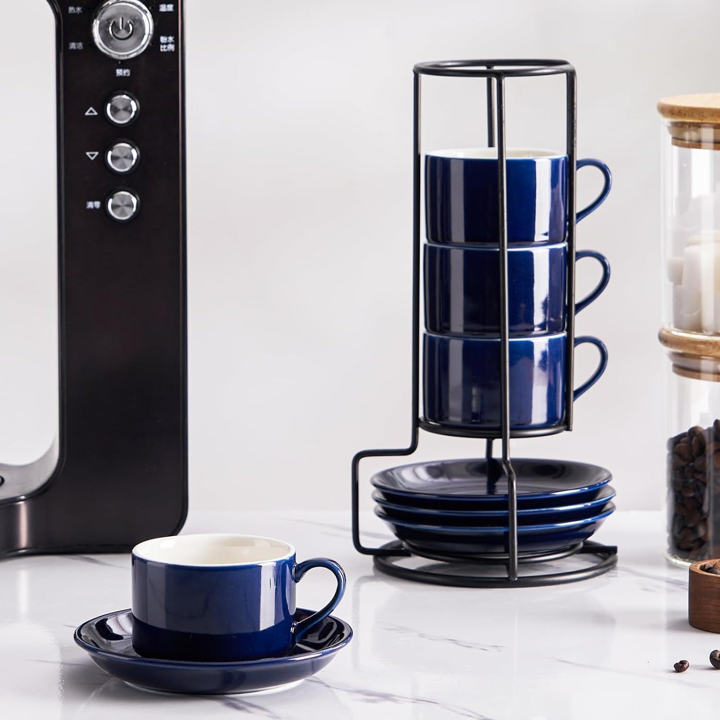 8oz Porcelain Stackable Cappuccino Cups with Saucers and Metal Stand Set of 4, Coffee Cups for Espresso, Specialty Coffee Drinks, Latte, Americano and Tea - Blue