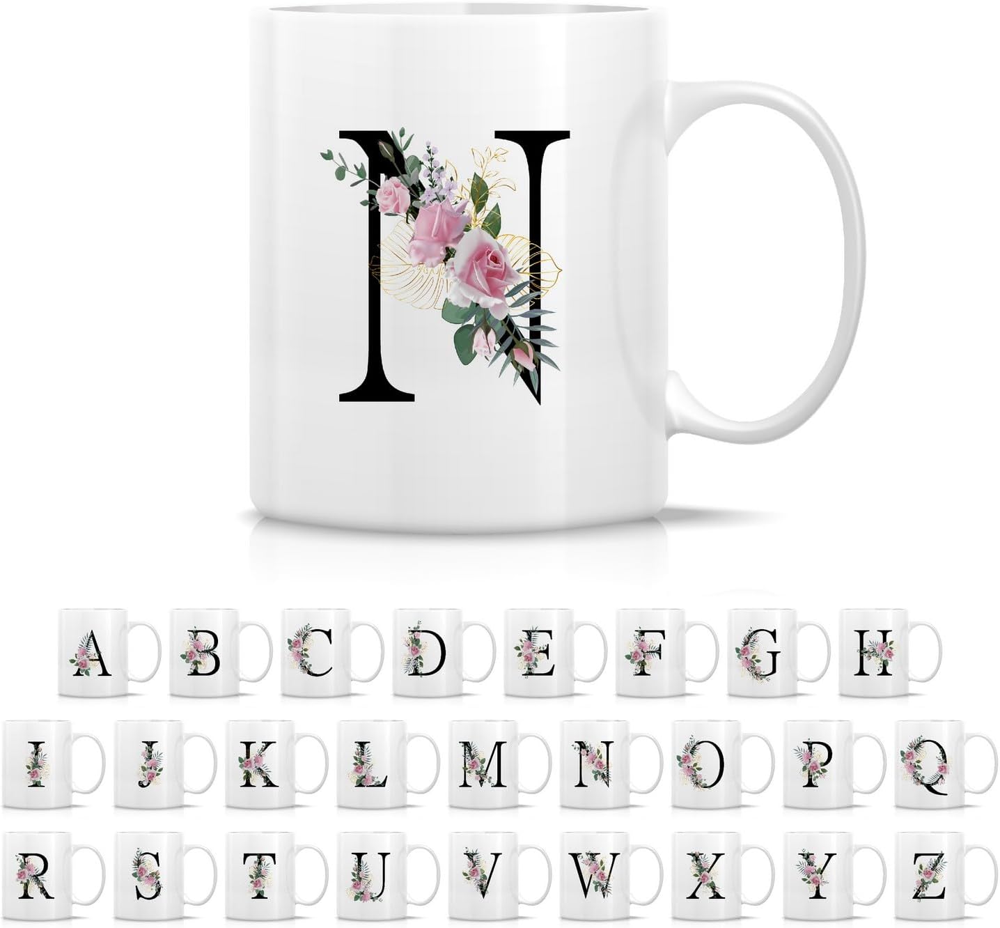 Retreez Initial A-Z Floral Botanical Bouquet Alphabet Monogrammed Monogram Mug 11 Oz Ceramic Tea Coffee Mugs - Appreciation Thank You Wedding Birthday Gifts for her friend coworker sister - N Initial