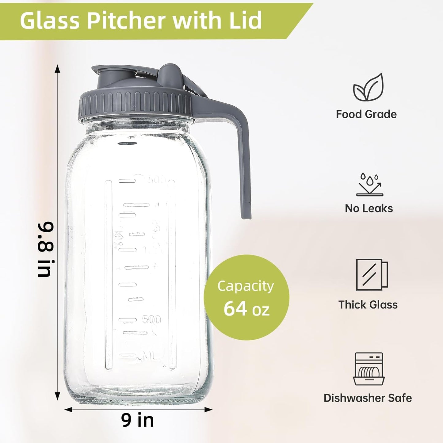 Cold Brew Maker with V-Spout, 2 Quart (64oz) Glass Pitcher with Lid, Easy Pour Breast Milk Pitcher for Iced Tea, Cold Brew Coffee, Milk and Water - Grey