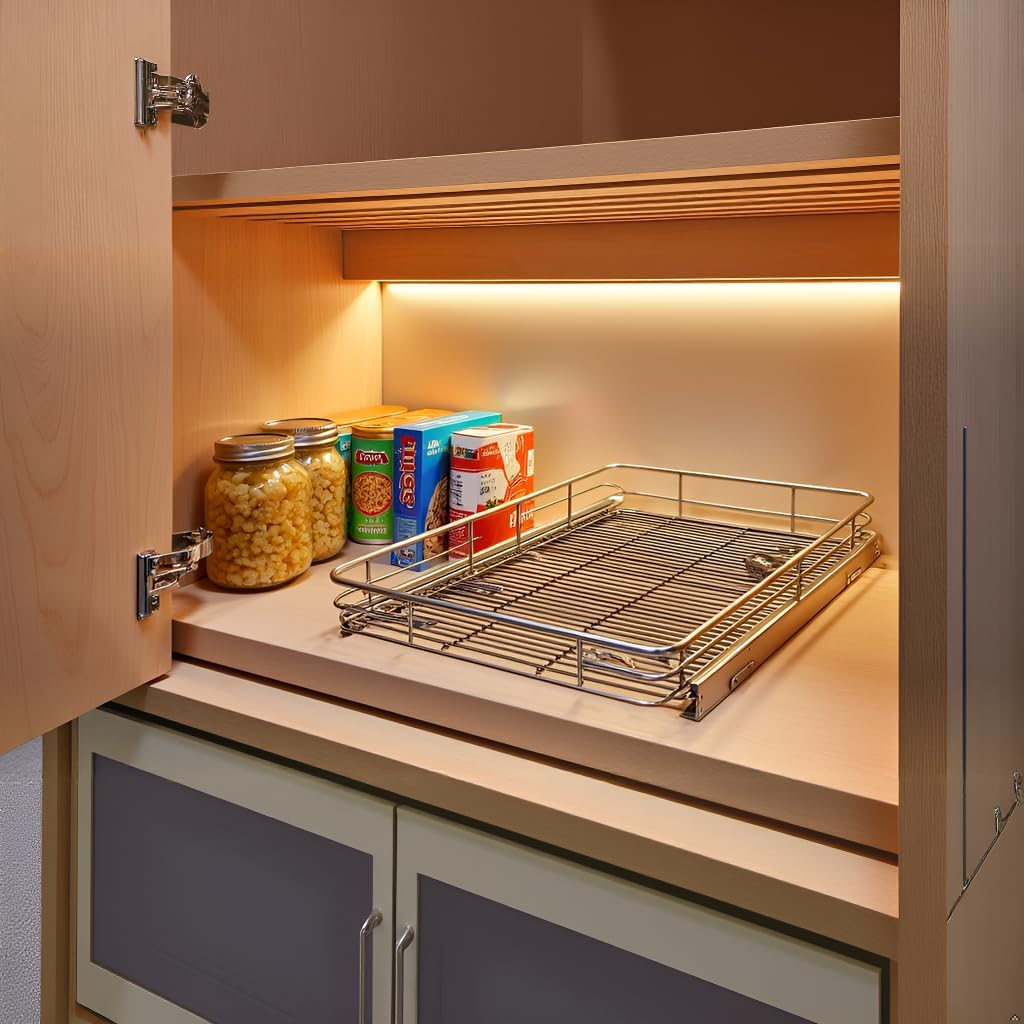 Pull Out Cabinet Organizer (20"W x 21"D), Put Out Shelves for Kitchen Cabinets, Roll Out Drawers Heavy-Duty Metal Sliding Shelf, Bottom Mount