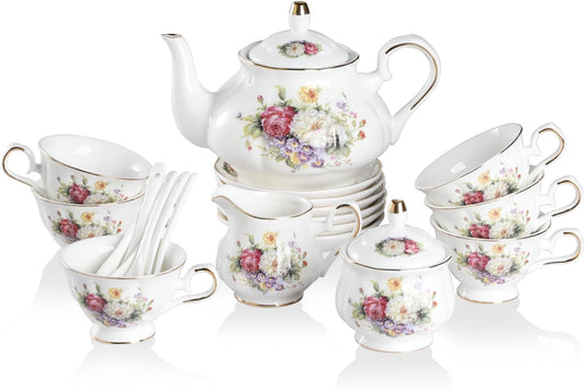 Sweejar Porcelain Tea Sets, Vintage British Floral Relief Gold Rimmed Teapot Cup and Saucer Set, Tea Set Service for 6, with Teapot, Sugar Bowl, Milk Jug, Spoons, Tea Cup and Saucer (Flower Style)