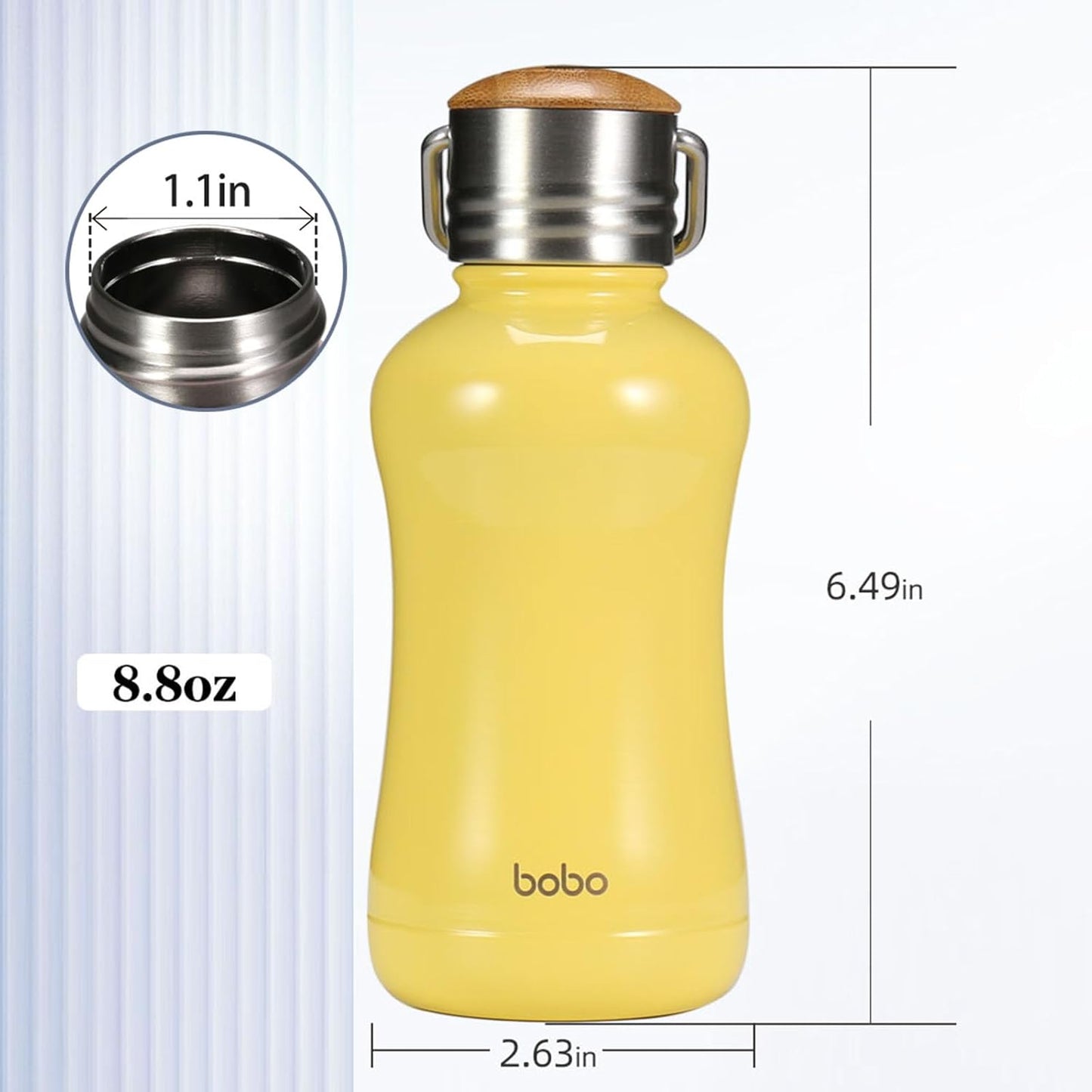 YOHKOH Mini Insulated Water Bottle With Bamboo Lid - 8.8oz Small Vacuum Insulated Water Bottle for Women Kids, 12 Hrs Hot & 24 Hrs Cold Stainless Steel Thermos Leak-Proof BPA-Free (8.8oz,Yellow)
