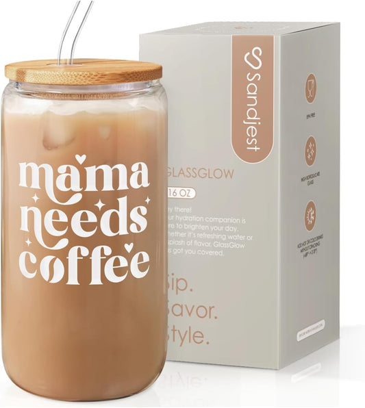 SANDJEST Mom Glass Can, Mama Needs Coffee Cup with Lid & Straw, Iced Coffee Aesthetic Cups, Idea Gifts for Christmas Birthday Mother Day, Gifts for Women, 16oz