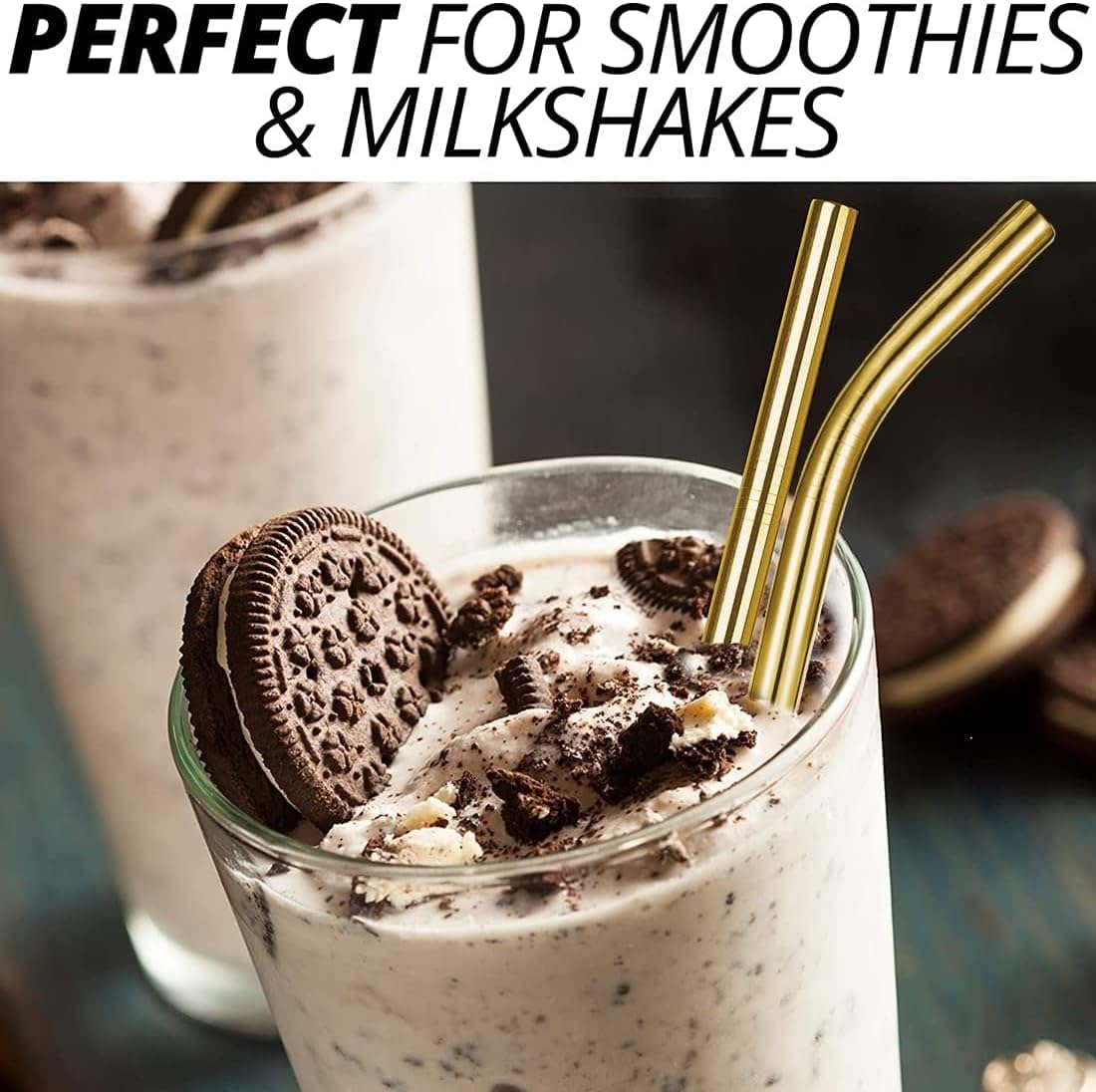 Vinaco 8.5" and 10.5" Big Smoothie Straws & Milkshake Straws, 6 Pack Food-grade Stainless Steel Straws 0.4" Wide Mouth Straw for Smoothie, Milkshakes, Thick Drinks, Gold Metal Straws Reusable