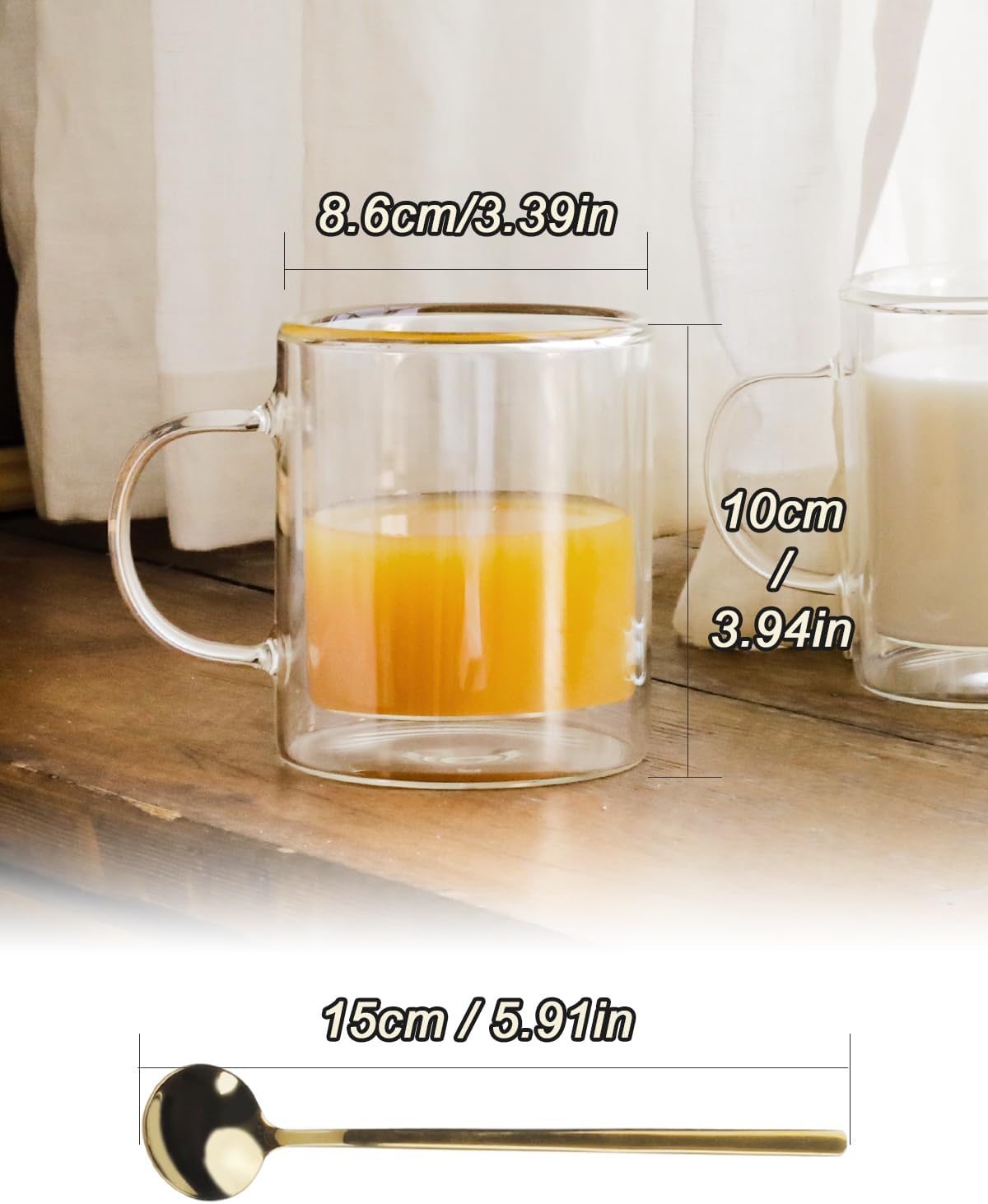 LIBWYS 12oz Double Wall Coffee Mugs (2 Pack) - Insulated Borosilicate Glass Cups with Handle for Espresso, Cappuccino, Latte - Heat Resistant, Dishwasher Safe Hot/Cold Beverage Glasses 350ml