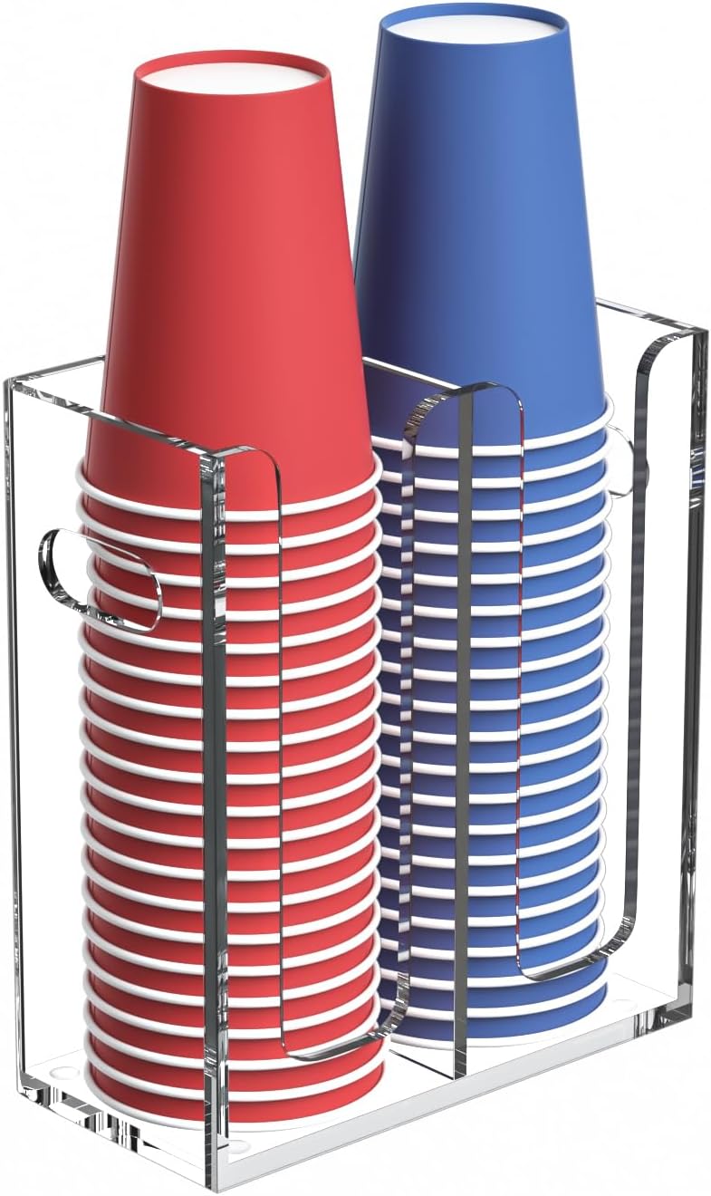 Disposable Coffee Cup Dispenser with Handles, Countertop or Wall Mount Hot/Cold Drink Cup and Lid Holder - Bathroom/Kitchen/Office Acrylic Cup Lid Storage Organizer (2 Compartments, Clear)
