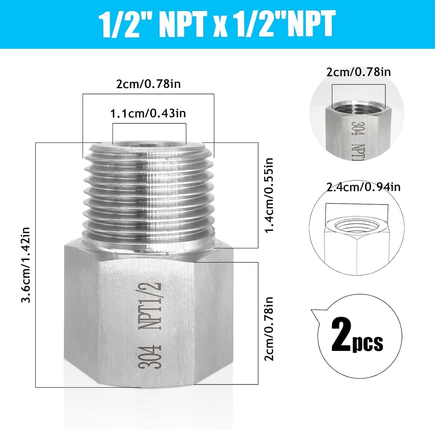2 pieces Npt1/2 Female to Npt1/2 Male Reducer,1/2NPT Fittings Water pipe Adapter, Fabricate of 304 Stainless Steel
