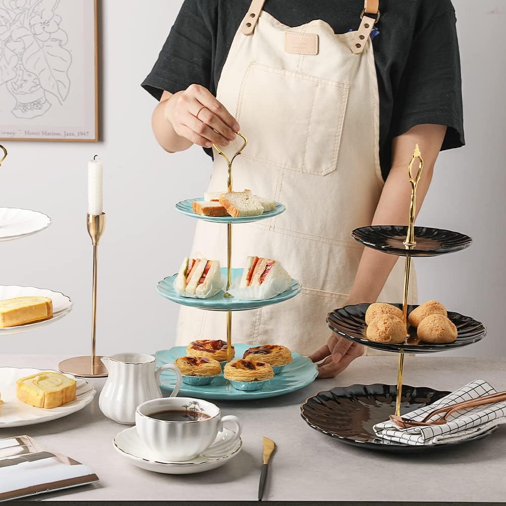 Sweejar 3 Tier Ceramic Cake Stand Wedding, Dessert Cupcake Stand for Tea Party Serving Platter (Turquoise)