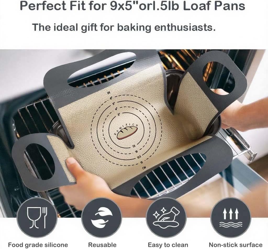 2Pcs Reusable Silicone Bread Loaf Pan Liner Food-Grade Silicone Bread Sling， Loaf Pan Lifters，Bread Mat-Non-stick Mat Easy Clean Sourdough Transfer Tool with 4 Handles Fits 9x5 Or 1.5lb Loaf Pans