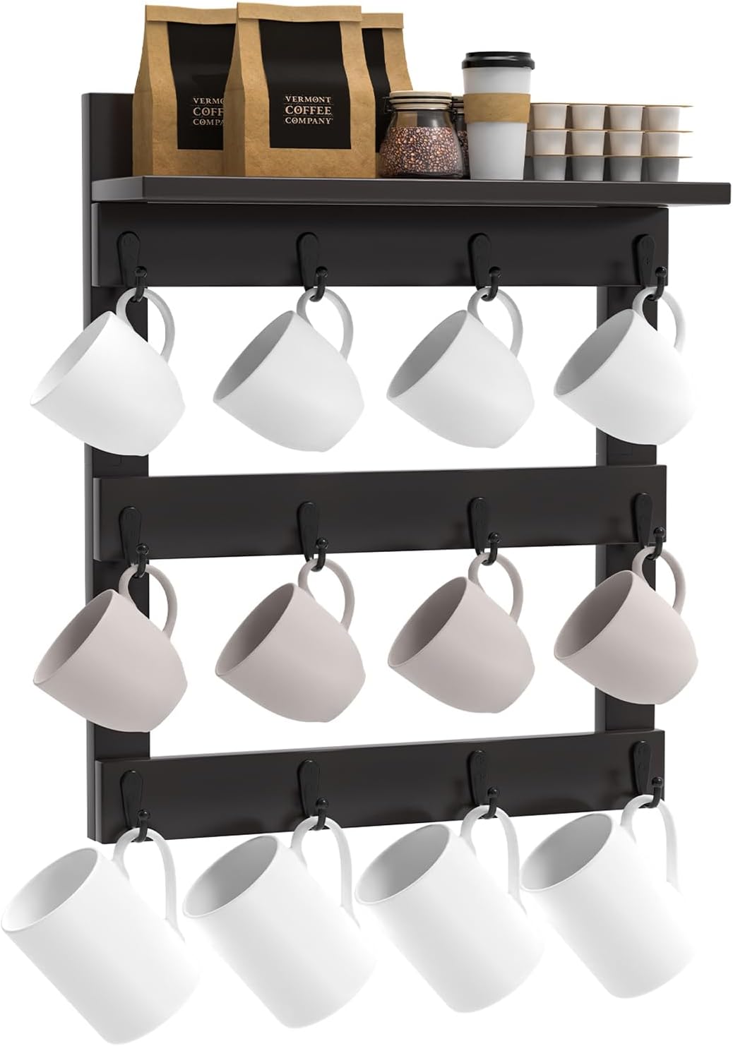 Mug Rack Wall Mounted, Coffee Cup Holder, Bamboo Mug Shelf with 12 Hooks for Home Kitchen Display and Collection