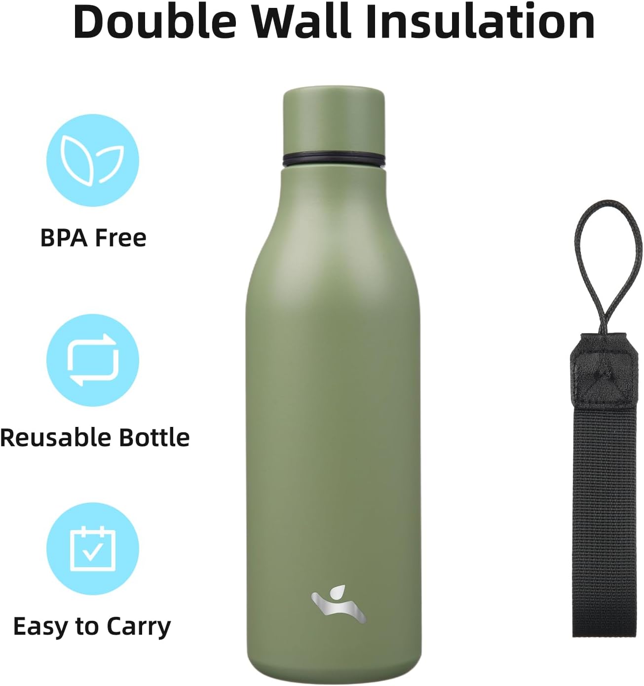 Insulated Water Bottle with Strap,18 oz Double Wall Stainless Steel Vacuum Bottles Metal Water Flask,Forest Green