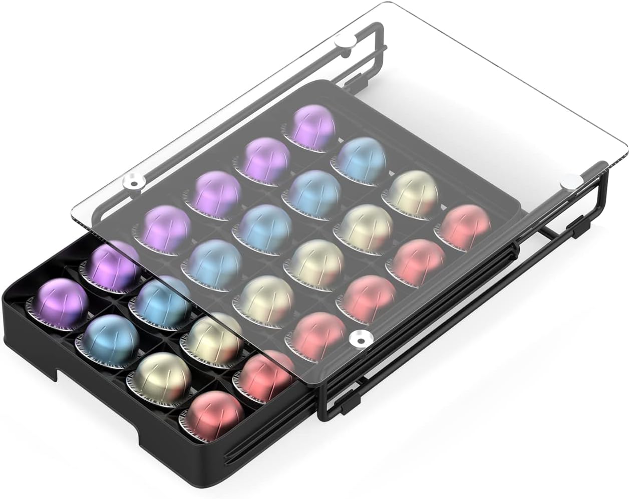 EVERIE 3'' SLIM Crystal Tempered Glass Organizer Drawer Holder Compatible with Nespresso Vertuo Capsules, Compatible with 24 Vertuoline Pods, NP06