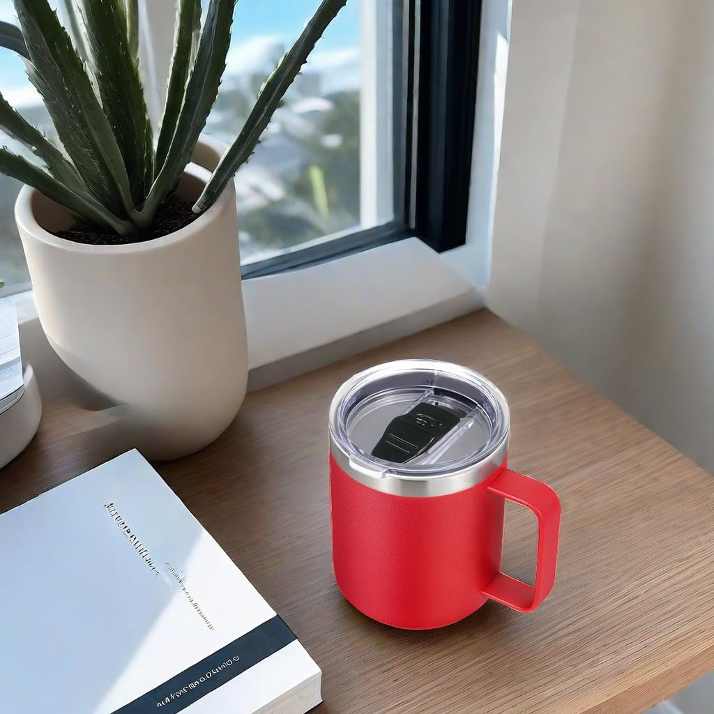 Volhoply 14oz Insulated Stainless Steel Coffee Mug with Lid Bulk 4 Pack,Double Wall Vacuum Travel Coffee Cup with Handle,Reusable Metal Cups Tumbler Cup,Camping Mugs Keep Hot,Ideal Gifts(Red,4)