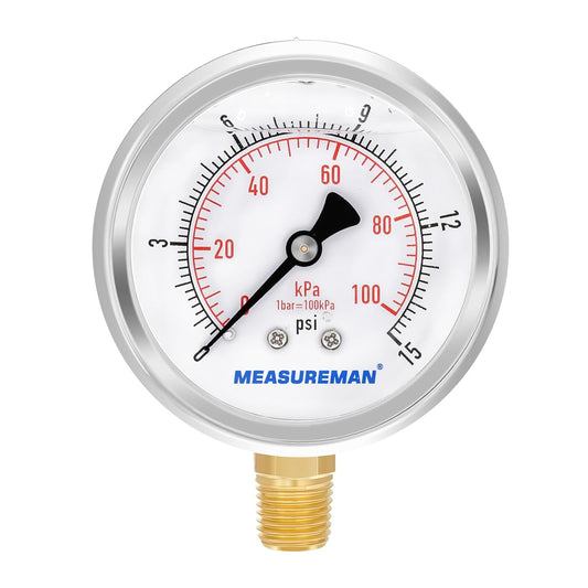MEASUREMAN 2-1/2inch Dial Size, Glycerin Filled Pressure Gauge, 0-15psi/100kpa, 304 Stainless Steel Case, 1/4inch NPT Lower Mount