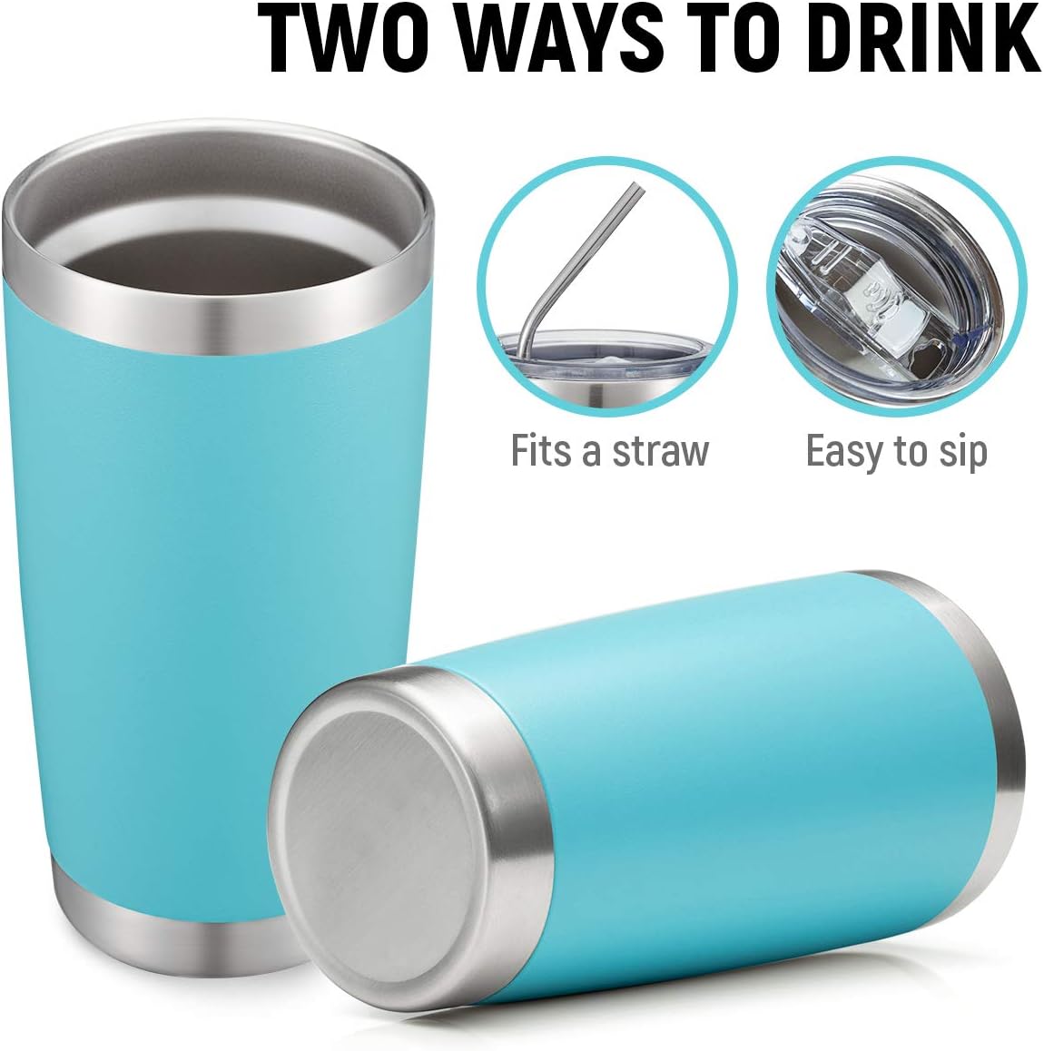 COMOOO 20oz Double Wall Vacuum Insulated Travel Mug Bulk Stainless Steel Tumbler with Lid and Straw Durable Powder Coated Insulated Coffee Cup for Cold & Hot Drinks (Light Blue, 12 pack