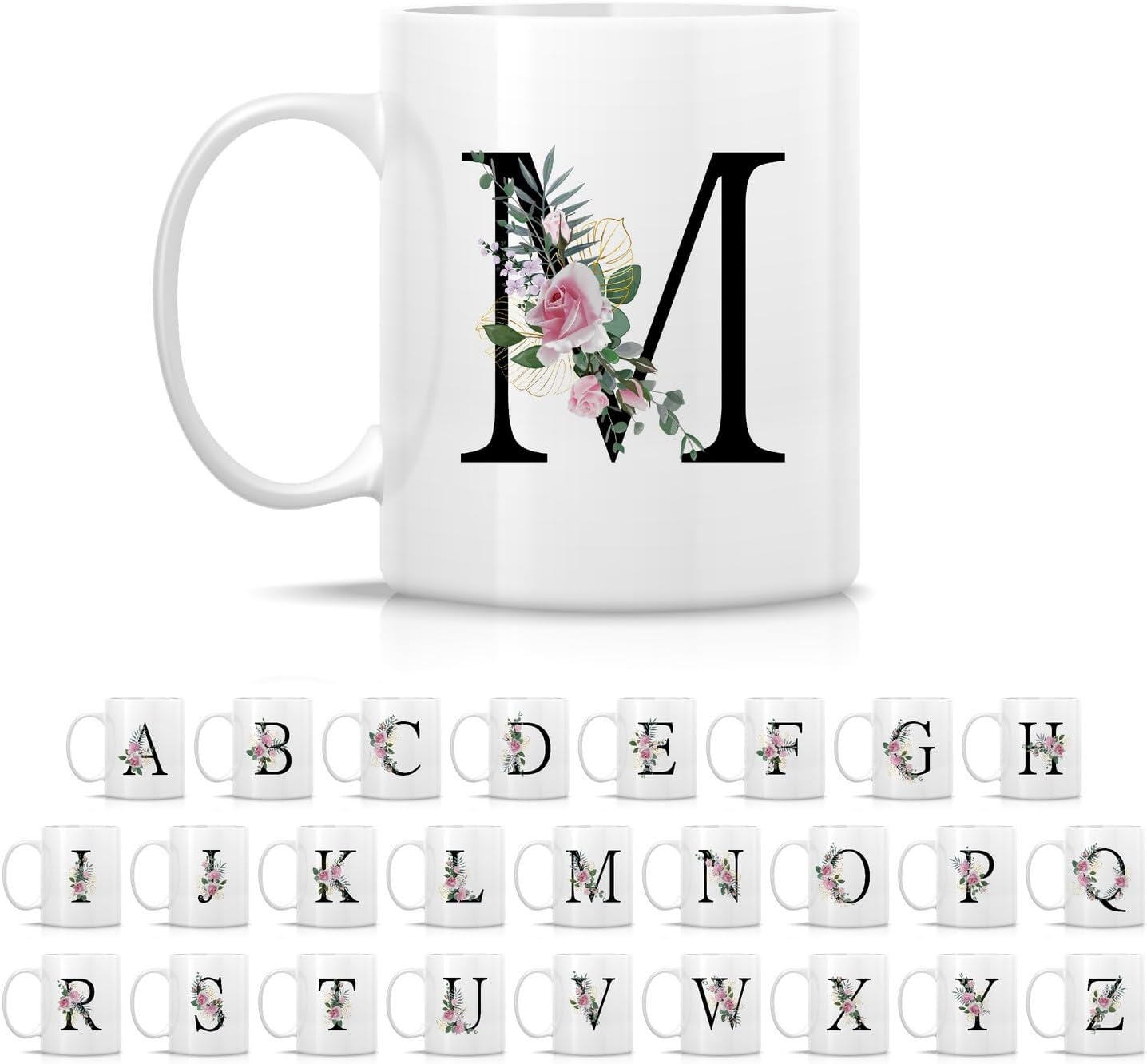 Retreez Initial A-Z Floral Botanical Bouquet Alphabet Monogrammed Monogram Mug 11 Oz Ceramic Tea Coffee Mugs - Appreciation Thank You Wedding Birthday Gifts for her friend coworker sister - M Initial